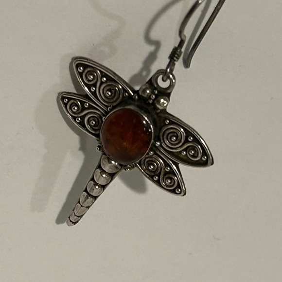 Dragonfly Silver and Amber Earrings - Picture 2 of 8